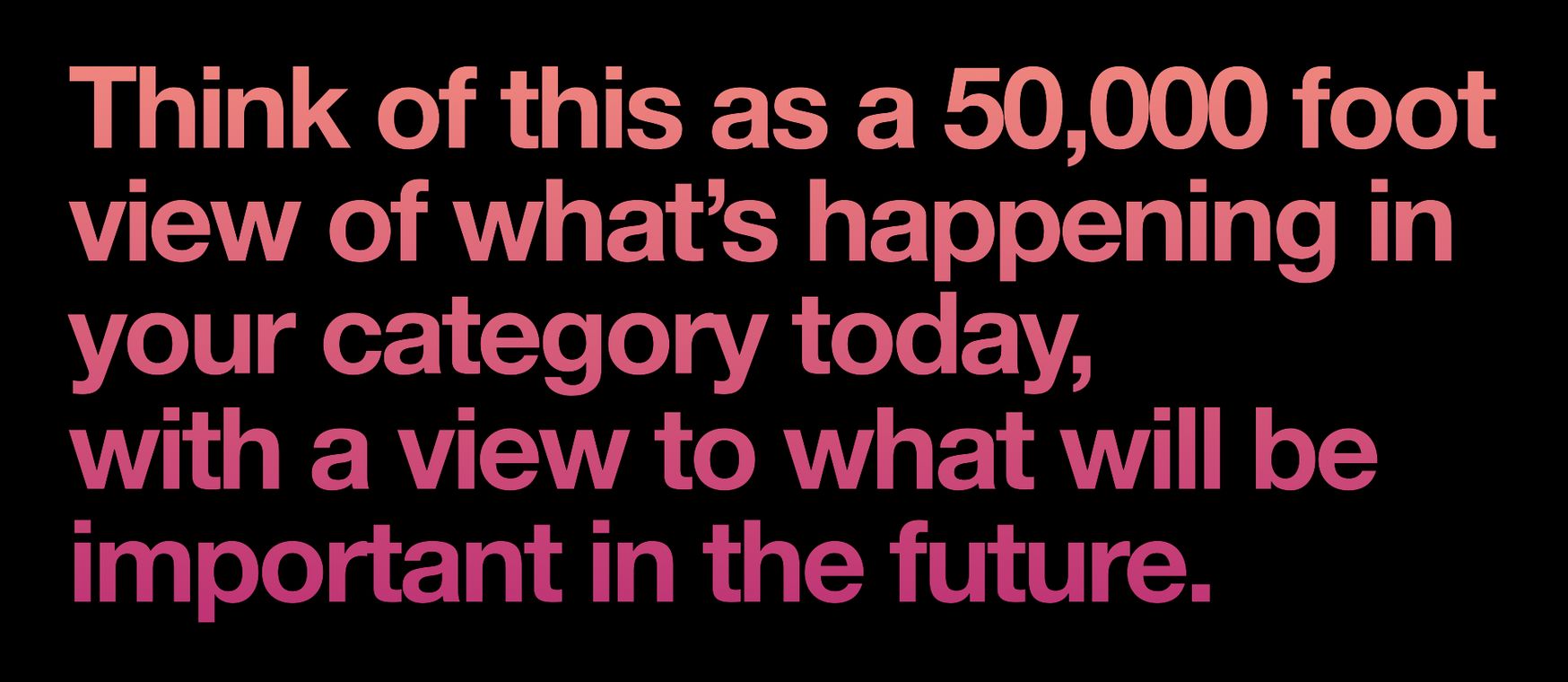 Category strategy slide: Think of this as a 50,000 foot view of what’s happening in your category today, with a view to what will be important in the future.