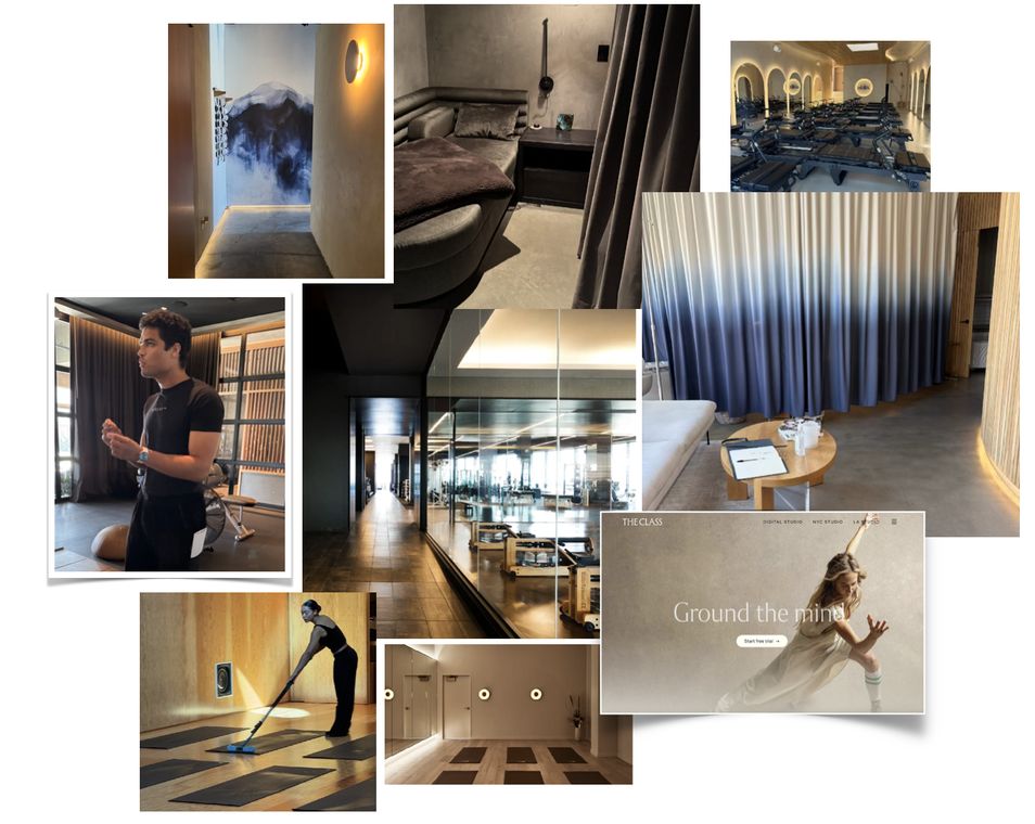 Wellness and fitness customer experience audit collage: reformer pilates room, lounge, curtained treatment room, glass-walled corridor, staff welcome and studio homepage